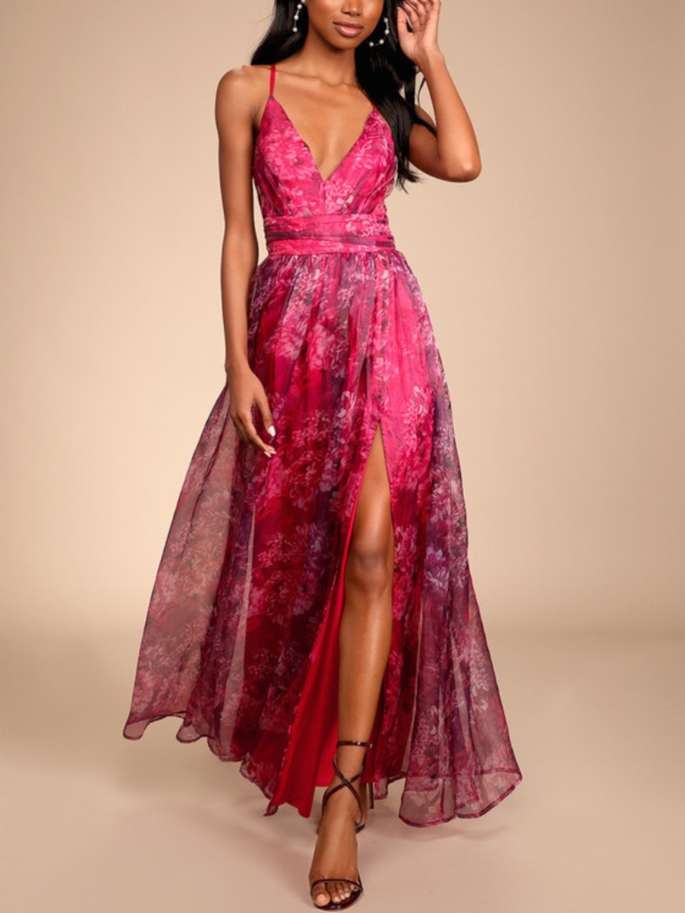 Lulus Romance That Wows Magenta Floral Print Organza Maxi Dress Pink - Size L - Picture 1 of 1